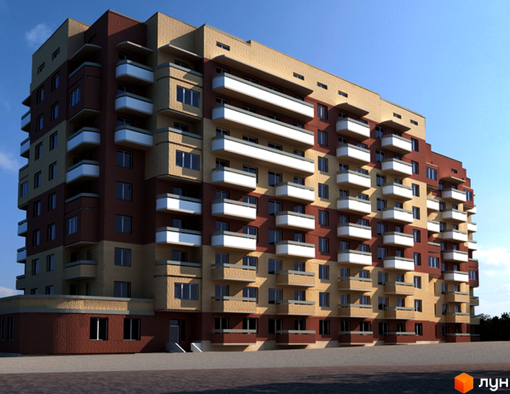 Зображення фасаду будинку за адресою вул. Карпенка, 18а. Багатоповерхова будівля з балконами та вікнами, розташована на фоні блакитного неба.