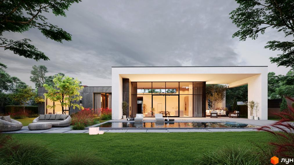 Котеджне містечко NAVARIA LUX з басейном та зоною відпочинку. Сучасний будинок з великими вікнами та доглянутим подвір'ям.