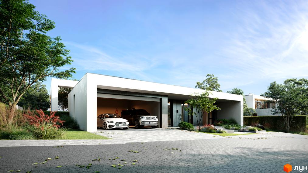 Котеджне містечко NAVARIA LUX. Сучасний будинок з двома автомобілями в гаражі та доглянутою прибудинковою територією з деревами та рослинами.