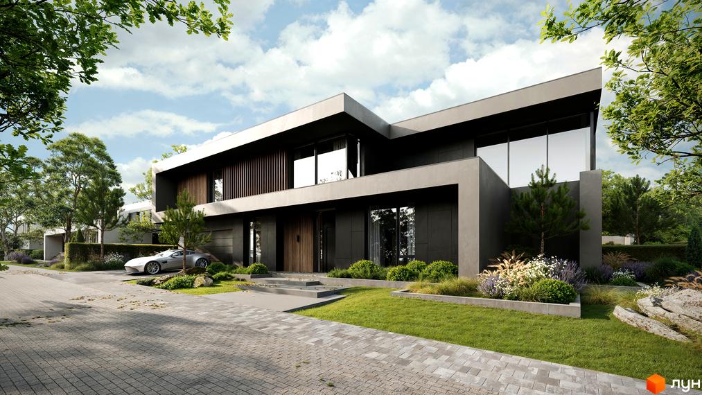 Котеджне містечко NAVARIA LUX. Зовнішній вигляд будинку з великими вікнами та сірою обшивкою, прибудинкова територія з доглянутим газоном та деревами.