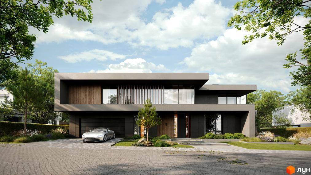 Котеджне містечко NAVARIA LUX. Фасад будинку з великими вікнами та дерев'яними елементами, прибудинкова територія з доглянутим газоном та деревами.