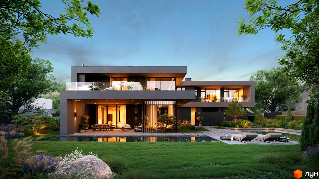 Котеджне містечко NAVARIA LUX з великими панорамними вікнами та терасами, оточене зеленню та басейном з шезлонгами. Сучасна архітектура та доглянутий ландшафт.