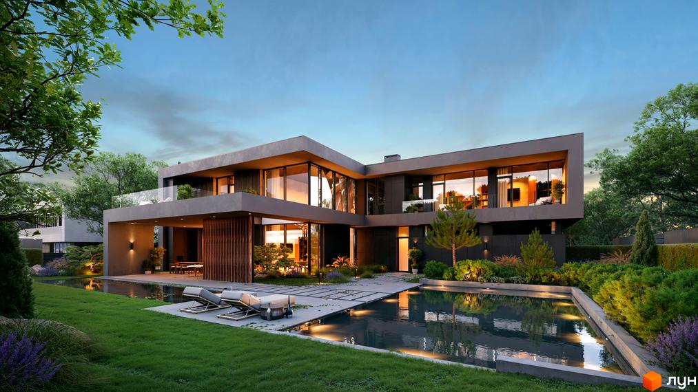 Котеджне містечко NAVARIA LUX з басейном та лаунж-зоною. Сучасний двоповерховий будинок з великими вікнами та терасою оточений зеленню.