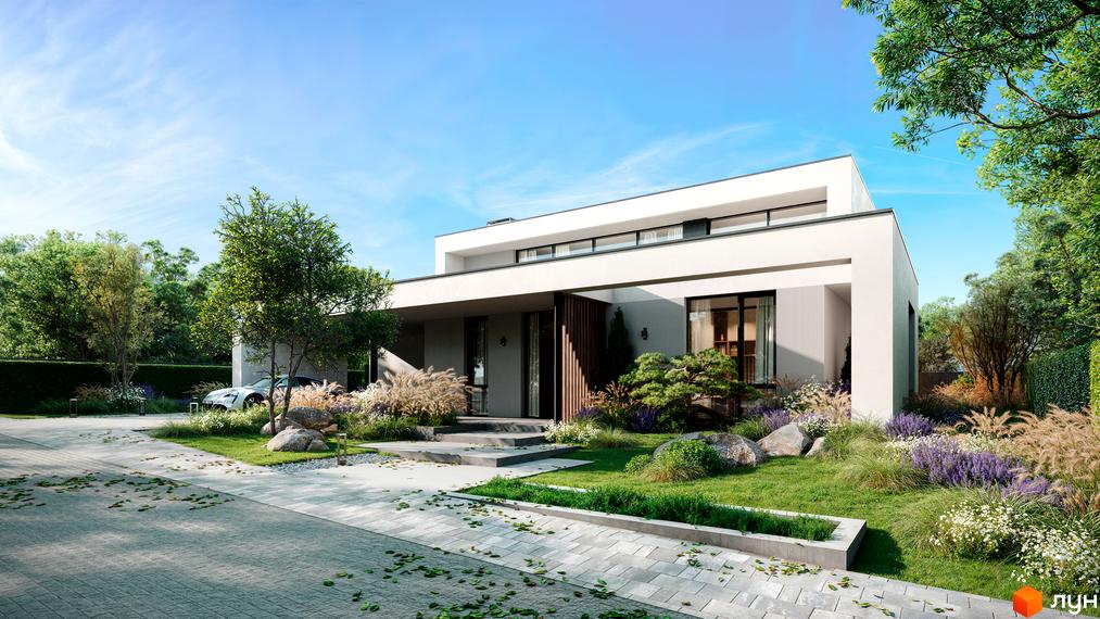 Котеджне містечко NAVARIA LUX: білий двоповерховий будинок з панорамними вікнами та доглянутою прибудинковою територією з ландшафтним дизайном. На території є автомобіль.