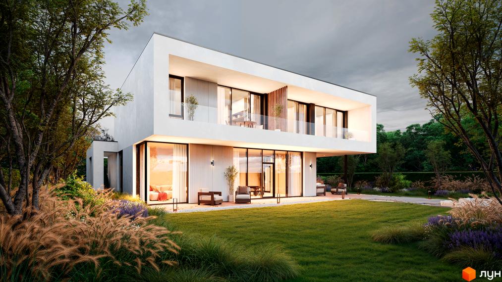 Котеджне містечко NAVARIA LUX - двоповерховий будинок з великими вікнами та балконом, оточений зеленим газоном та деревами. На прибудинковій території розташовані декоративні рослини та зона відпочинку.