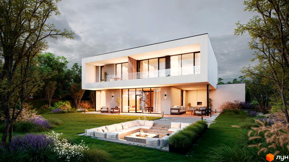 Котеджне містечко NAVARIA LUX. Зовнішній вигляд двоповерхового будинку з великими вікнами та терасою. Навколо будинку доглянутий сад з квітами та деревами, а також зона відпочинку з вогнищем.