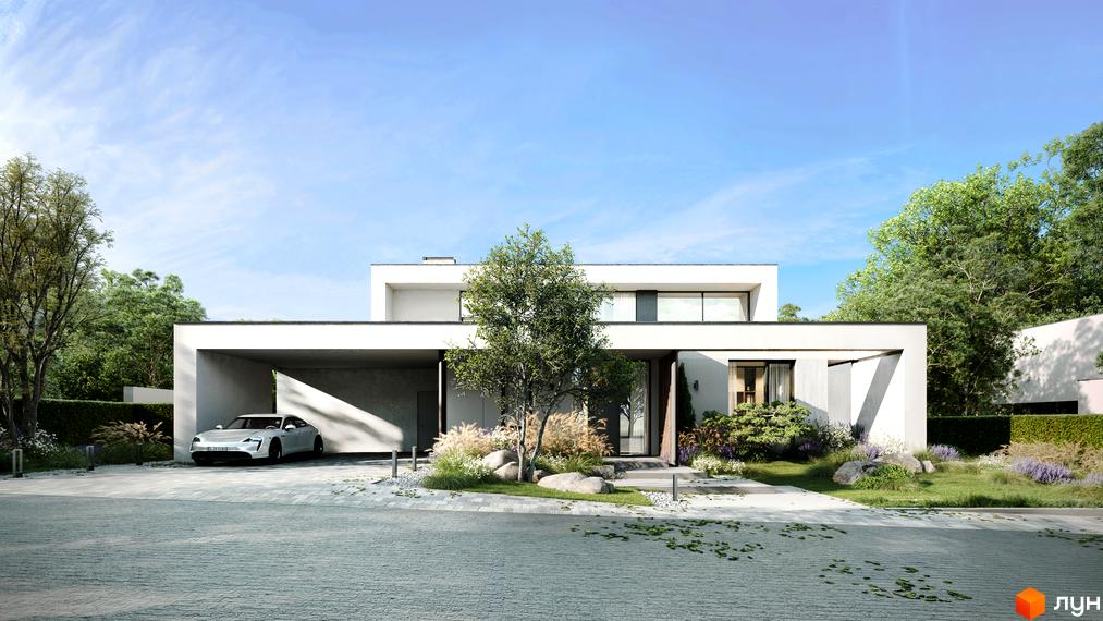 Котеджне містечко NAVARIA LUX з білими фасадами, панорамними вікнами та навісом для авто. Прибудинкова територія з деревами, кущами та ландшафтним дизайном.