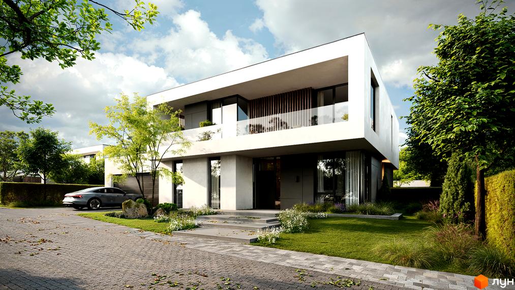 Котеджне містечко КМ NAVARIA LUX – сучасний двоповерховий будинок з панорамними вікнами та просторим балконом. На території розташований доглянутий сад та доріжка з бруківки.