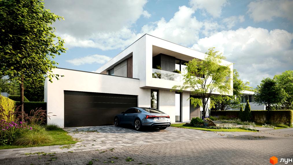 Котеджне містечко NAVARIA LUX. Білий будинок з гаражем та доглянутою прибудинковою територією.