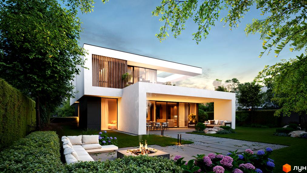 Котеджне містечко NAVARIA LUX з білим фасадом, великими вікнами та терасою. Навколо будинку доглянутий сад з квітами та зоною відпочинку з каміном.