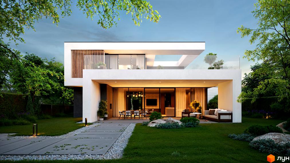 Котеджне містечко NAVARIA LUX з білим фасадом, великими вікнами та скляним балконом. Навколо будинку зелений газон, доріжка з каменю та дерева.