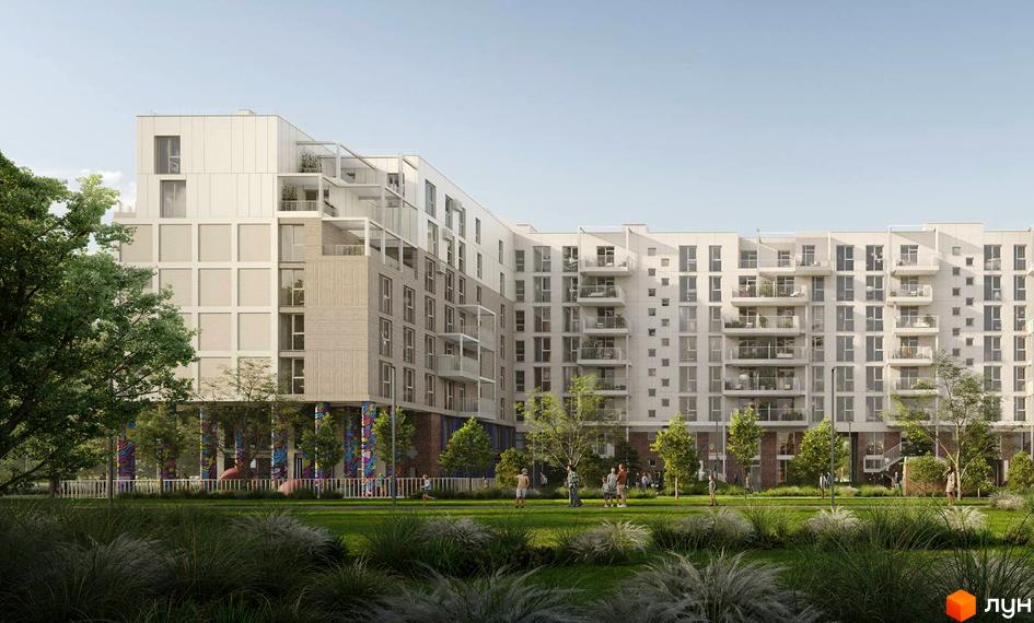 Житловий комплекс Newton - це багатоповерхова новобудова з балконами та великою кількістю вікон, розташована на фоні зеленої зони з деревами та людьми.