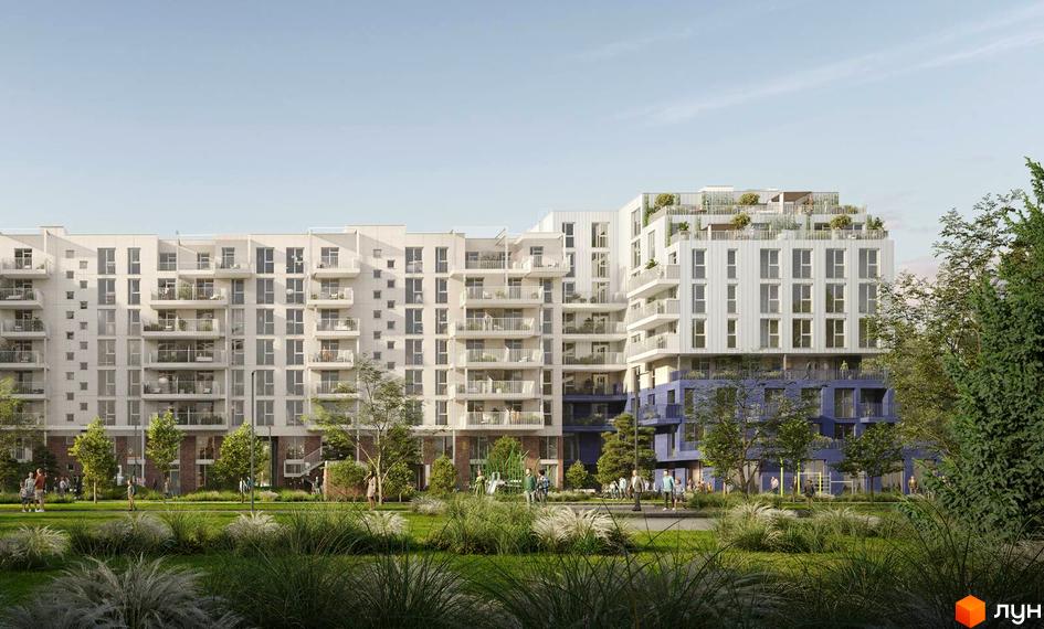 Житловий комплекс Newton: світлі багатоповерхові будинки з балконами та терасами, зелена прибудинкова територія з деревами та газонами.