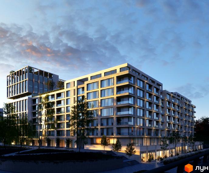 Житловий комплекс MECENAT - це багатоповерховий будинок з цегляним фасадом та скляними балконами, що оточений деревами та доглянутою прибудинковою територією.