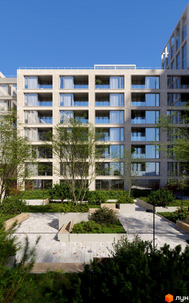 Житловий комплекс MECENAT з цегляним фасадом та скляними балконами, оточений зеленою прибудинковою територією з лавками.