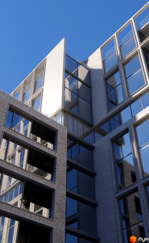 Житловий комплекс MECENAT: фасади з панорамним склінням та цегляним оздобленням. Архітектура новобудови з балконами та відкритими терасами.