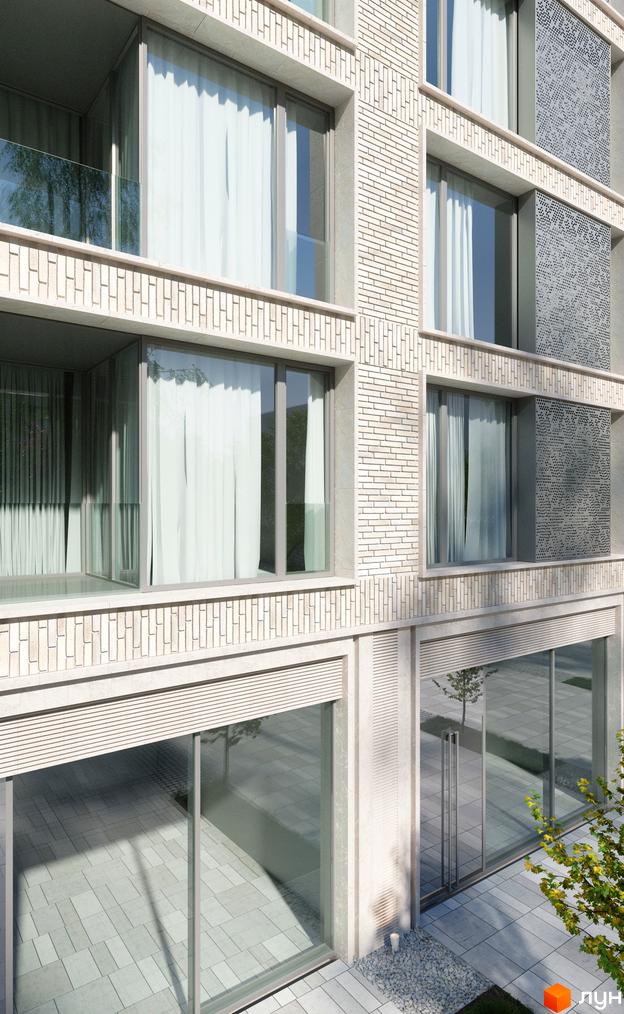 Фасад житлового комплексу MECENAT з великими вікнами та білою цегляною кладкою. Прибудинкова територія з плиткою та деревами.