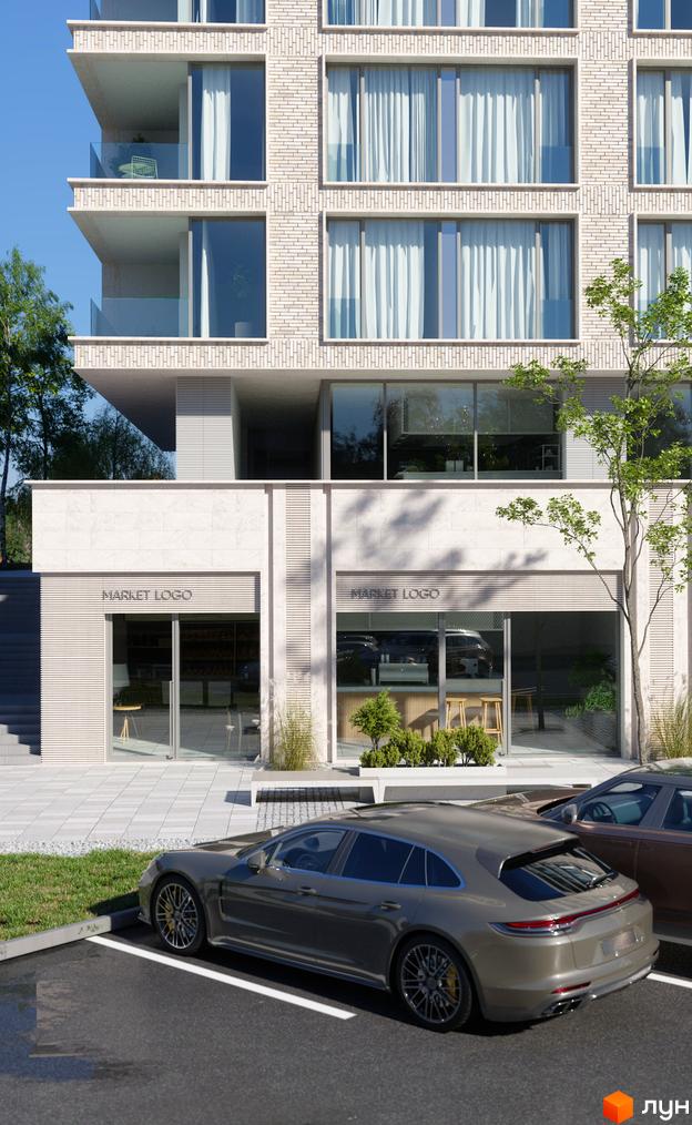 Житловий комплекс MECENAT з фасадом з білої цегли та великими вікнами. Біля будинку розташована парковка з автомобілями та зелена зона.