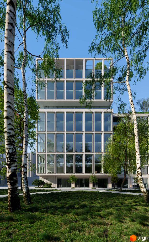 Житловий комплекс MECENAT з панорамними вікнами та балконами, оточений зеленню та деревами.