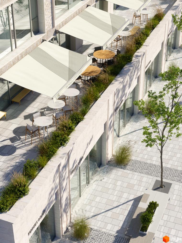 Зовнішній вигляд ЖК MECENAT з терасою та вуличними меблями. Прибудинкова територія з деревами та зонами відпочинку.