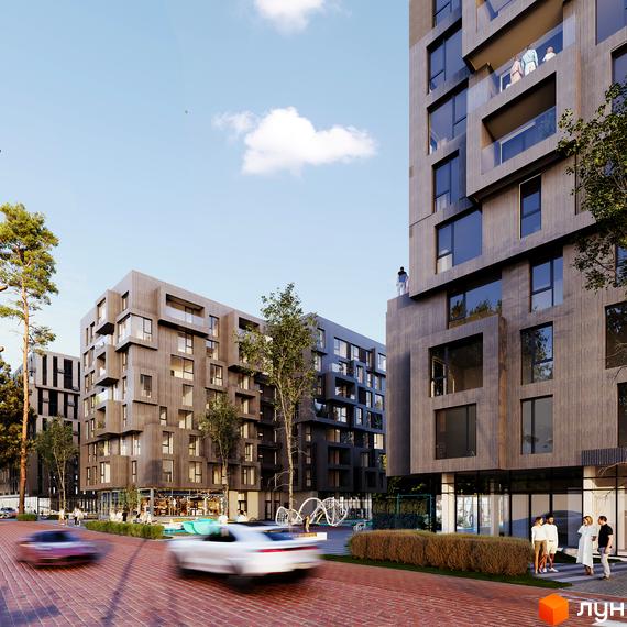 Житловий комплекс Five Address – це сучасна архітектура з дерев'яними фасадами та великими вікнами, що виходить на зелену прибудинкову територію з дитячими майданчиками.