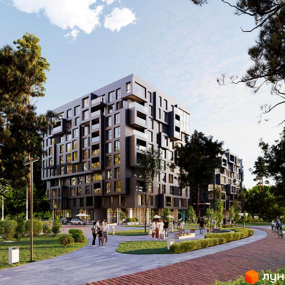 Житловий комплекс Five Address з унікальною архітектурою та просторою прибудинковою територією, що створює комфортне середовище для життя.