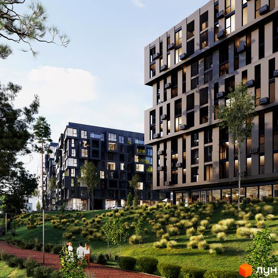 Будівельний проєкт Five Address з багатоповерховими будинками та охайним ландшафтом. Територія комплексу озеленена, з доріжками та місцями для відпочинку.