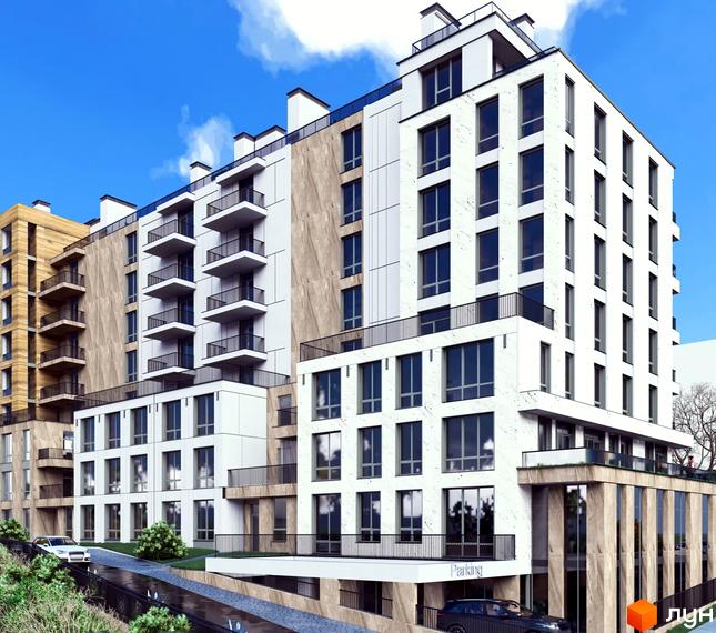 Зовнішній вигляд новобудови ЖК Residence 31 з білим фасадом та балконами. Навколо будинку розташована прибудинкова територія з дорогою та деревами.