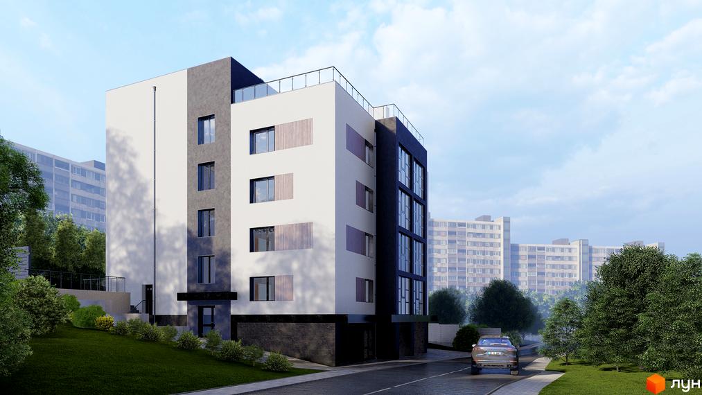 Зображення будинку по вулиці Глибока, 24. На фото видно фасад будівлі та прибудинкову територію з газоном та деревами.