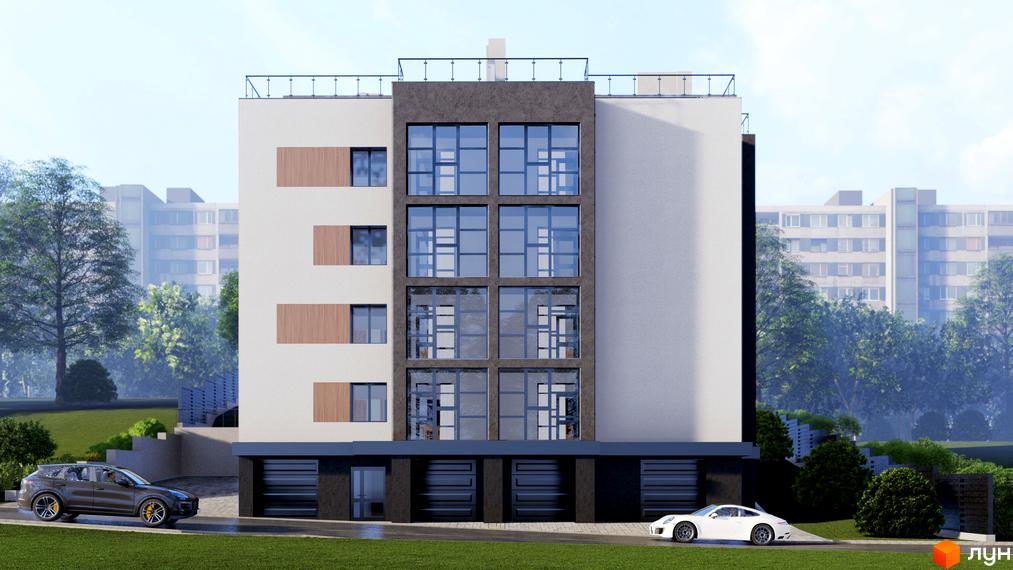 Зображення фасаду будинку по вулиці Глибока, 24. На передньому плані видно припарковані автомобілі та зелену галявину.