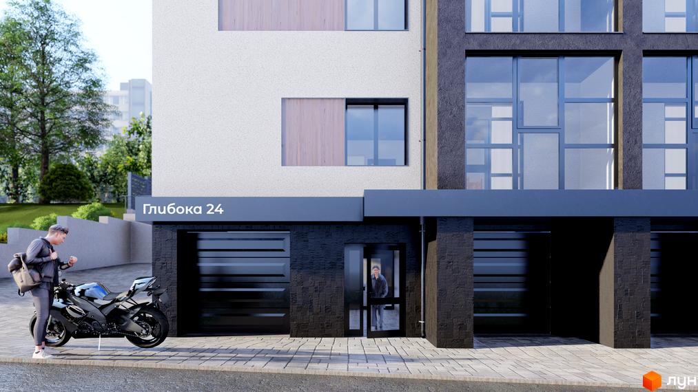 Зображення фасаду будинку за адресою вулиця Глибока, 24. На передньому плані мотоцикл та людина біля входу в будівлю.
