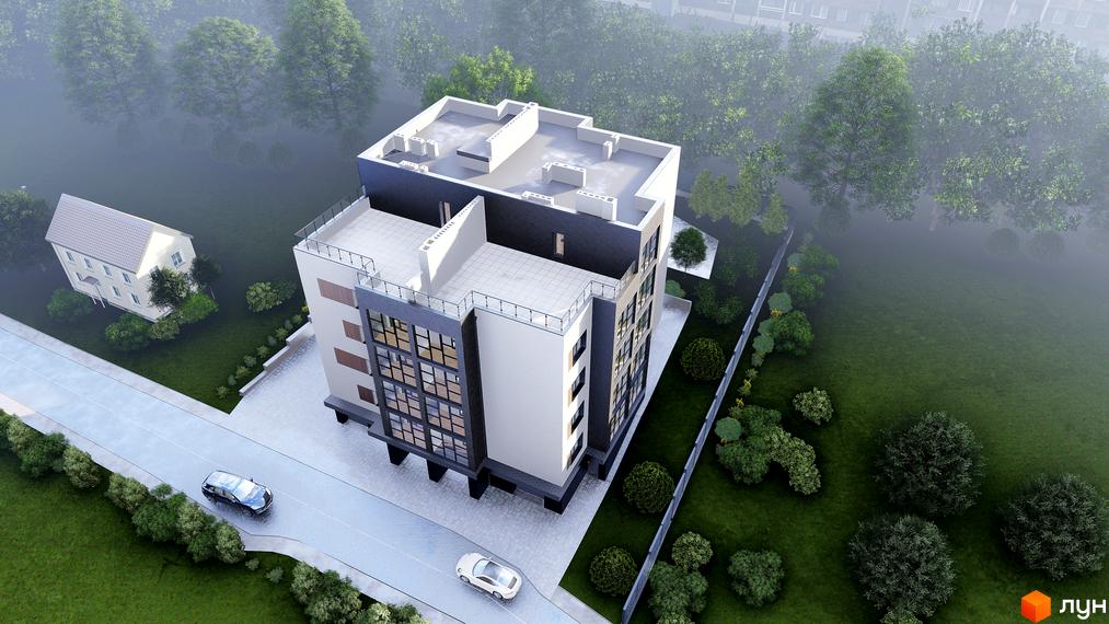 Житловий комплекс на вул. Глибока, 24 з сіро-білим фасадом та великими вікнами. Прибудинкова територія з дорогою, автомобілями та зеленими насадженнями.