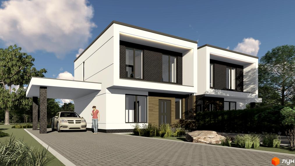 Котеджне містечко Horishniy Hills: двоповерховий будинок з білими фасадами, темною цеглою та навісом для авто. Прибудинкова територія з доглянутим газоном та деревами.