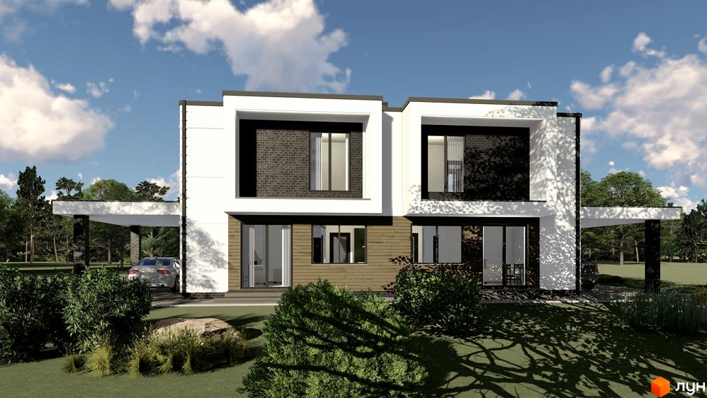 Котеджне містечко Horishniy Hills: двоповерховий будинок з білою та чорною цегляною обробкою, великими вікнами та навісом для авто. Навколо будинку зелені насадження та дерева.