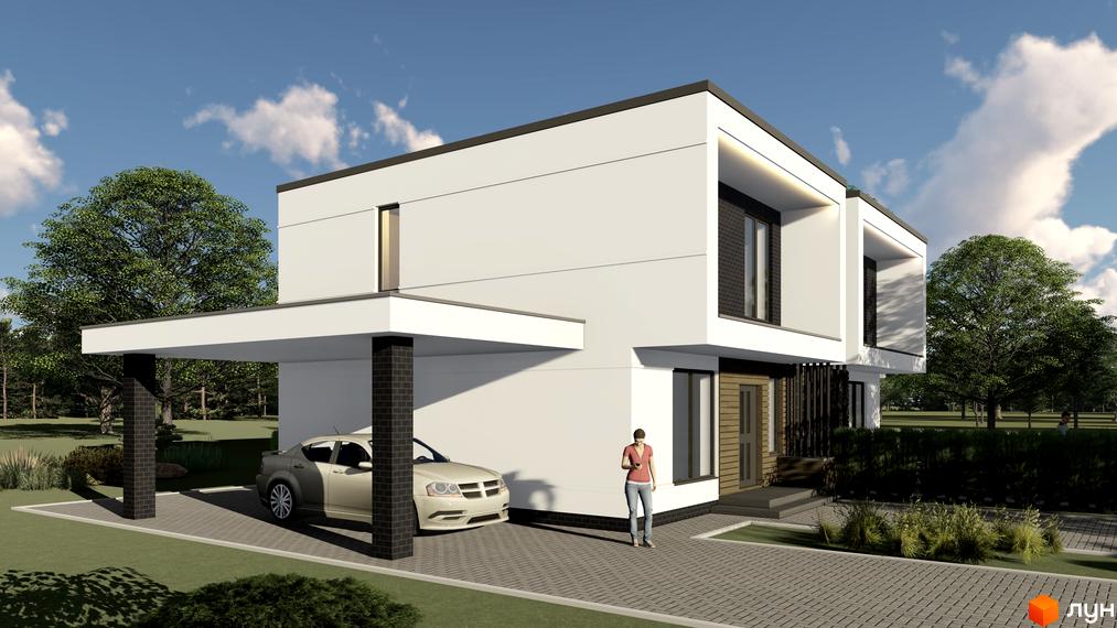 Котеджне містечко КМ Horishniy Hills: двоповерховий будинок з навісом для авто, великим вікном та доглянутою прибудинковою територією.