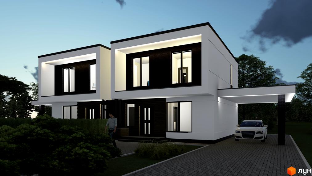 Котеджне містечко Horishniy Hills: двоповерхові будинки з білими фасадами, чорними елементами та панорамними вікнами, прибудинкова територія з парковкою та автомобілем.