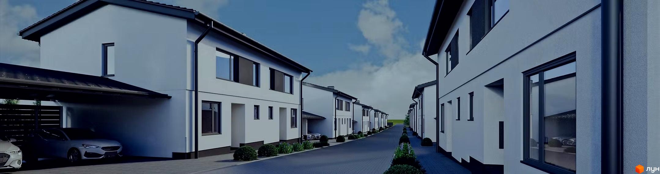 Котеджне містечко КМ Приморське: білі двоповерхові будинки з темними дахами та вікнами, облаштована прибудинкова територія з доглянутими кущами та автомобілями.