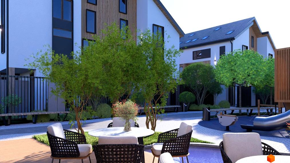 Клубний будинок BigBen Club House з прибудинковою територією, що включає зони відпочинку та дитячий майданчик.