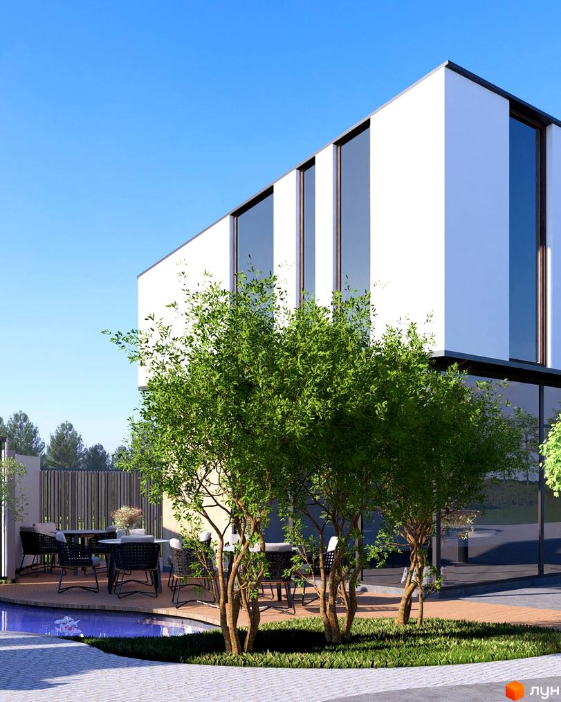 Клубний будинок BigBen Club House з великими вікнами та терасою біля басейну з зеленими деревами. Чудовий вид на сучасну архітектуру та зону відпочинку.