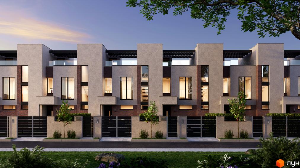 Фасад таунхаусів FAMILY PARK RESIDENCE BC. Будинки з сірими стінами, великими вікнами та чорними огорожами. На прибудинковій території зелені насадження та дерева.