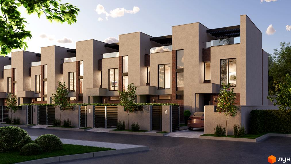 Зовнішній вигляд таунхаусів FAMILY PARK RESIDENCE BC з фасадами світло-бежевого кольору та цегляними вставками. Навколо будівель розташована прибудинкова територія з парканом та деревами.