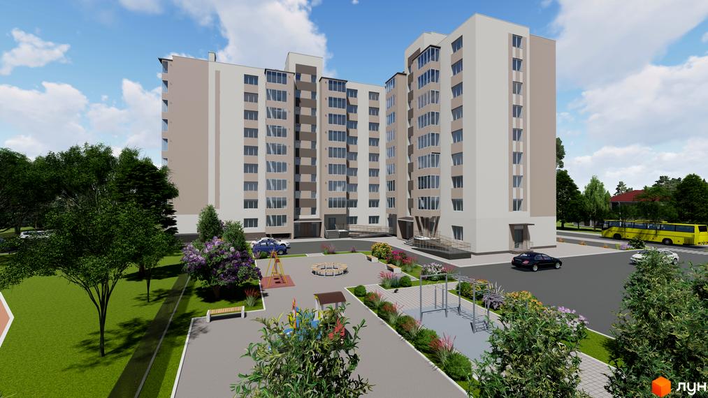Зовнішній вигляд багатоповерхового житлового комплексу Калина з дитячим майданчиком та зеленими насадженнями. Фото новобудови з прибудинковою територією.