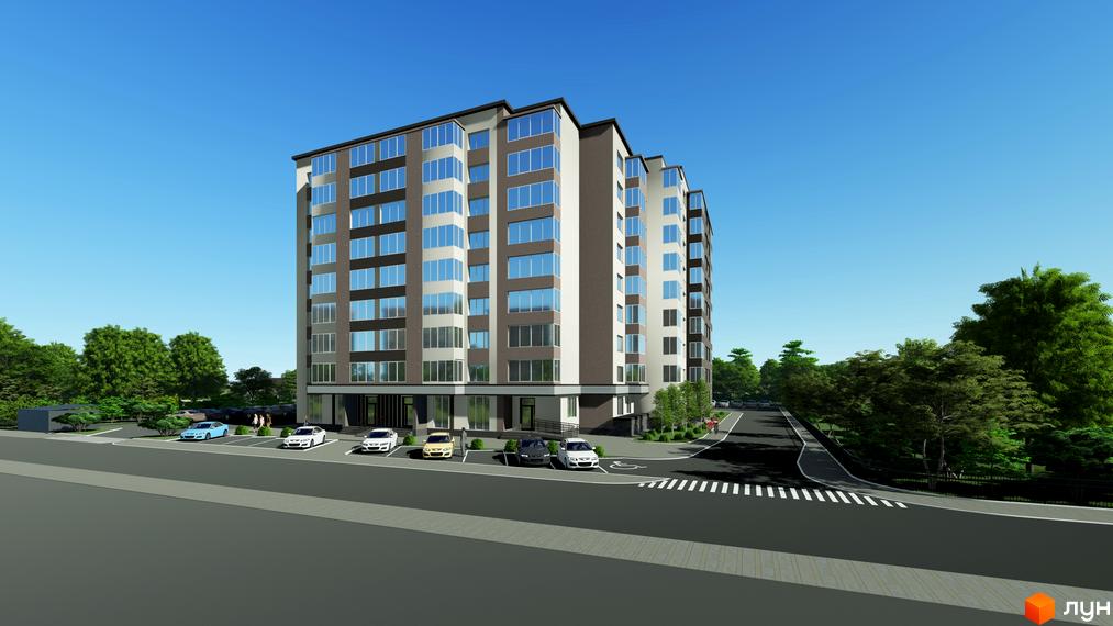 Зовнішній вигляд житлового комплексу Калина з паркуванням та зеленими насадженнями. Багатоповерхова новобудова з великою кількістю вікон.