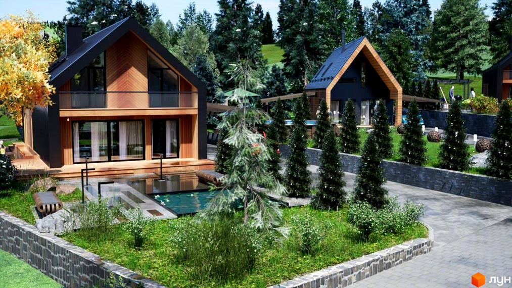 Котеджне містечко Лука: двоповерхові будинки з дерев'яними фасадами, великими вікнами, басейном та ландшафтним дизайном.