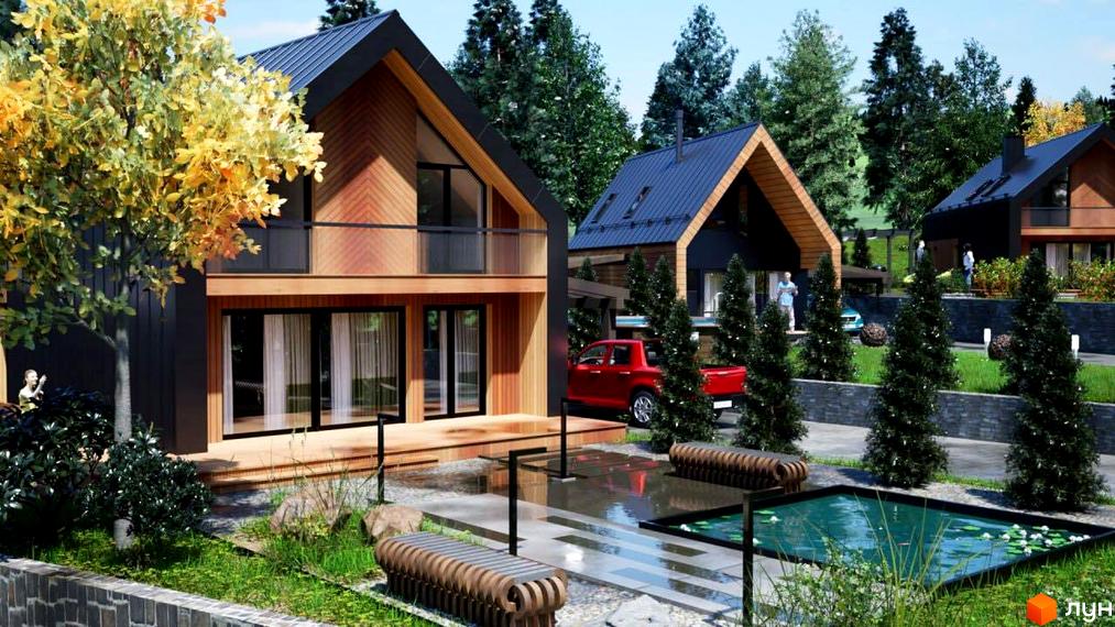 Котеджне містечко Лука: двоповерхові будинки з дерев'яним оздобленням та темними дахами, поруч басейн та ландшафтний дизайн.