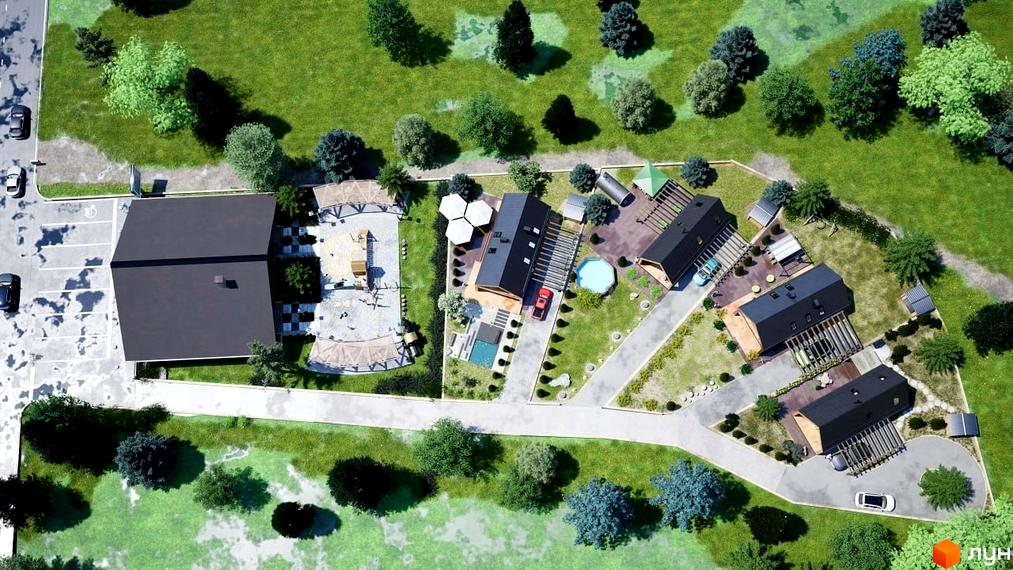 Котеджне містечко КМ Лука: вид зверху на будинки з чорними дахами та прибудинкову територію з басейном та дитячим майданчиком.