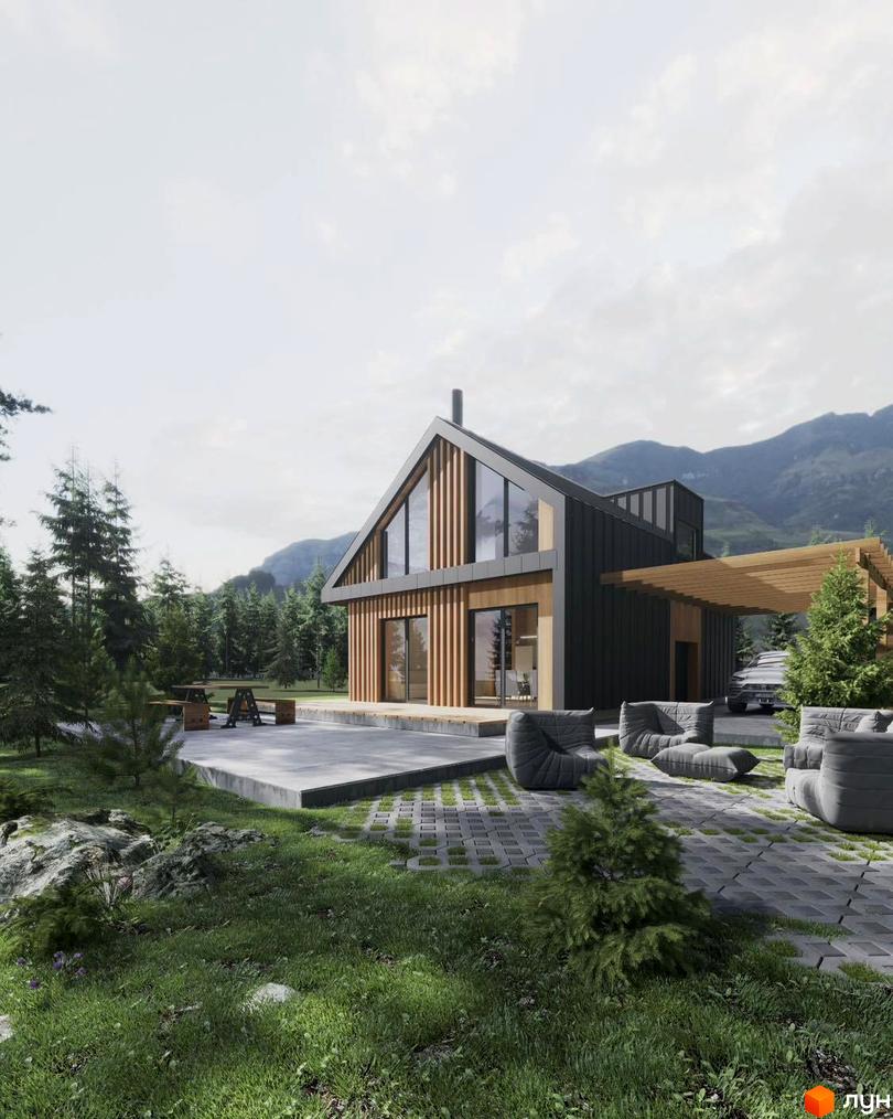 Котеджне містечко КМ Лука: двоповерховий будинок з дерев'яним фасадом та великими вікнами, розташований серед соснового лісу з зоною відпочинку та автомобілем.