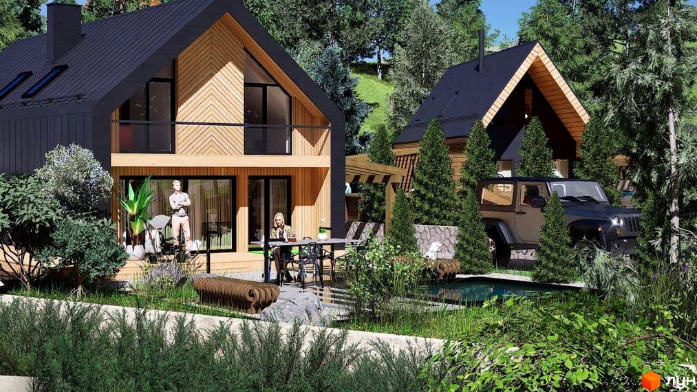 Котеджне містечко КМ Лука: двоповерхові будинки з дерев'яними фасадами та чорними дахами, поруч автомобіль та зелена зона.