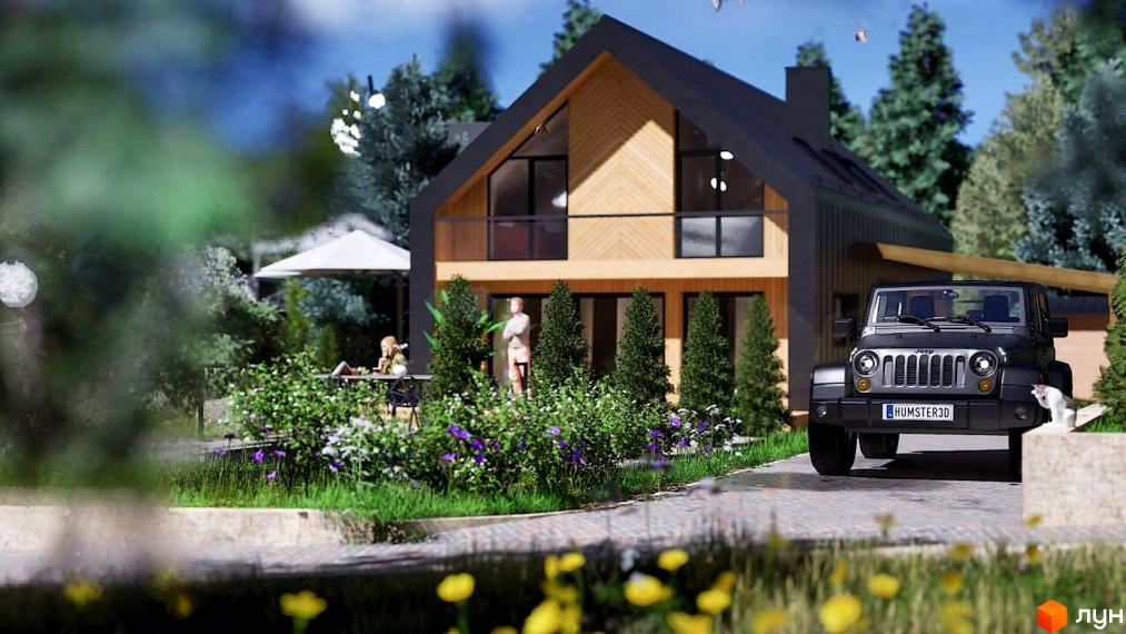 Котеджне містечко КМ Лука: двоповерховий будинок з дерев'яними елементами та чорною даховою конструкцією, оточений зеленню та квітами, з автомобілем біля входу.