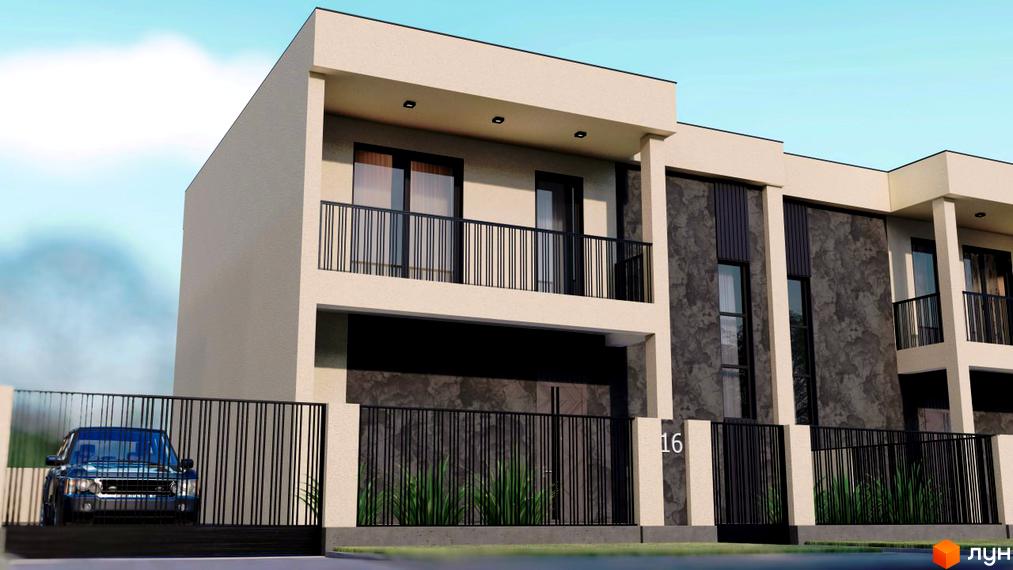 Котеджне містечко КМ Green Estate: двоповерхові будинки з балконами та парканом перед будинком. На території є автомобіль.